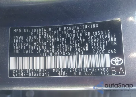 2016 Toyota Corolla Le Plus из США, поврежденный, VIN 5YFBURHE8GP533084